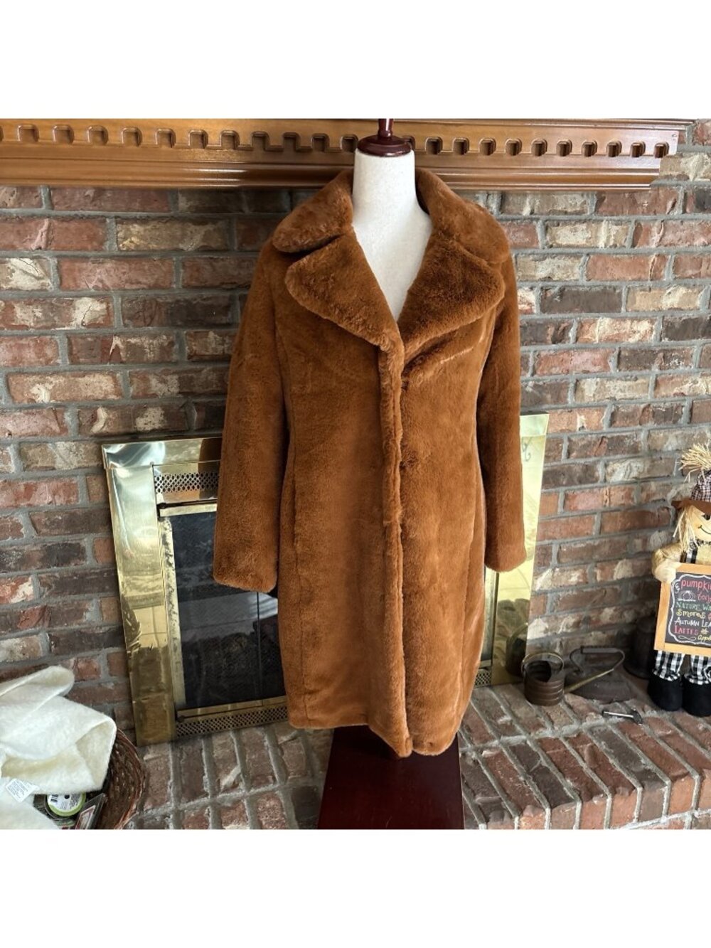 Anthropologie NVLT Faux Fur Vegan Long Coat Cognac Brown XS
